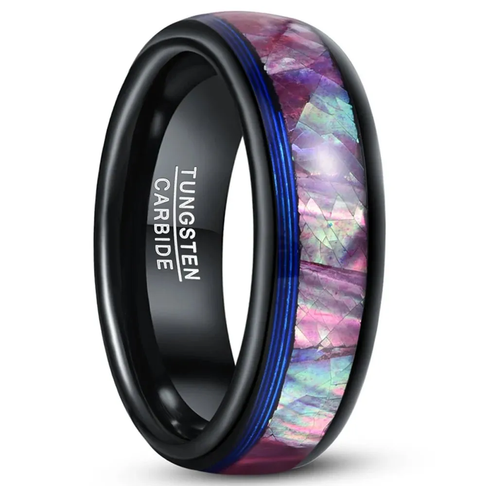 Dome Tungsten Wedding Band with Opal Abalone Shell & Blue Guitar String Inlay