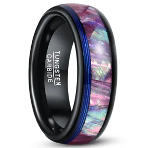 Dome Tungsten Wedding Band with Opal Abalone Shell & Blue Guitar String Inlay