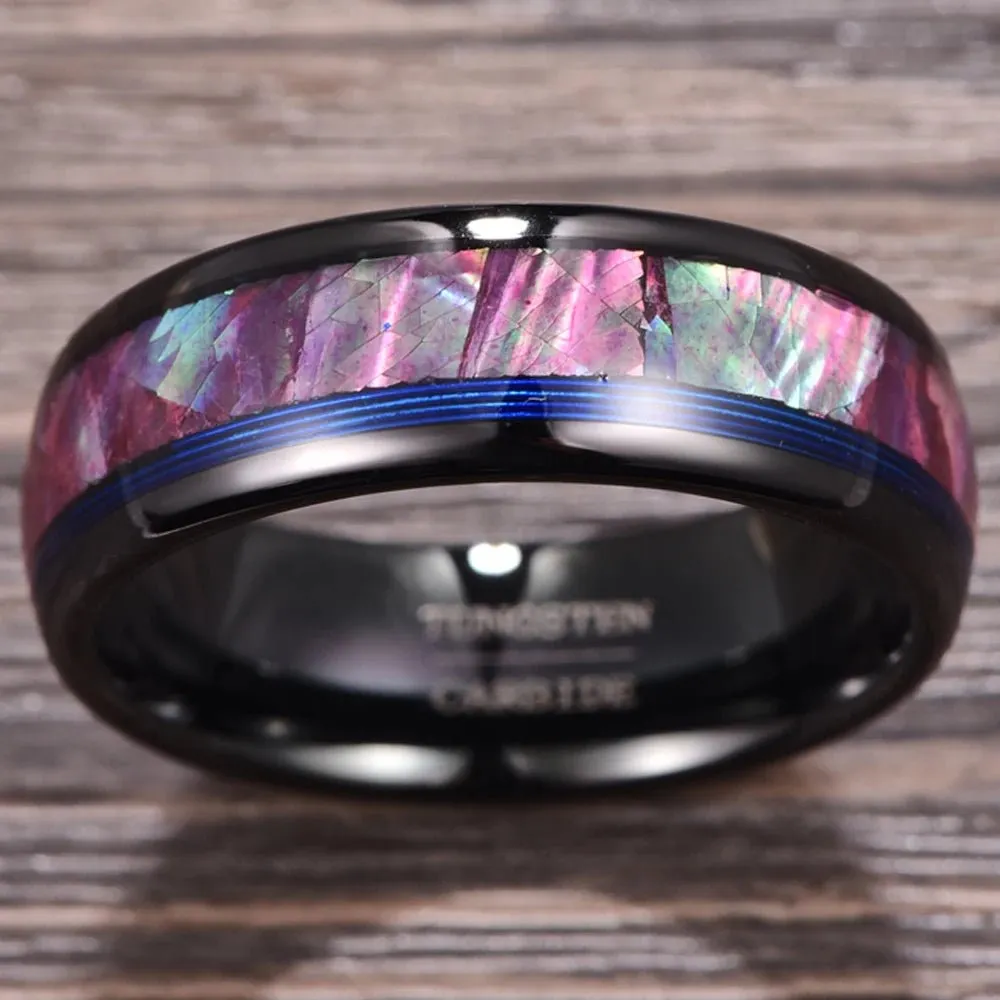 Dome Tungsten Wedding Band with Opal Abalone Shell & Blue Guitar String Inlay