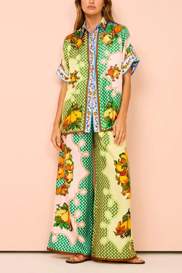 Fashion personality printed short-sleeved holiday leisure loose drawstring suit