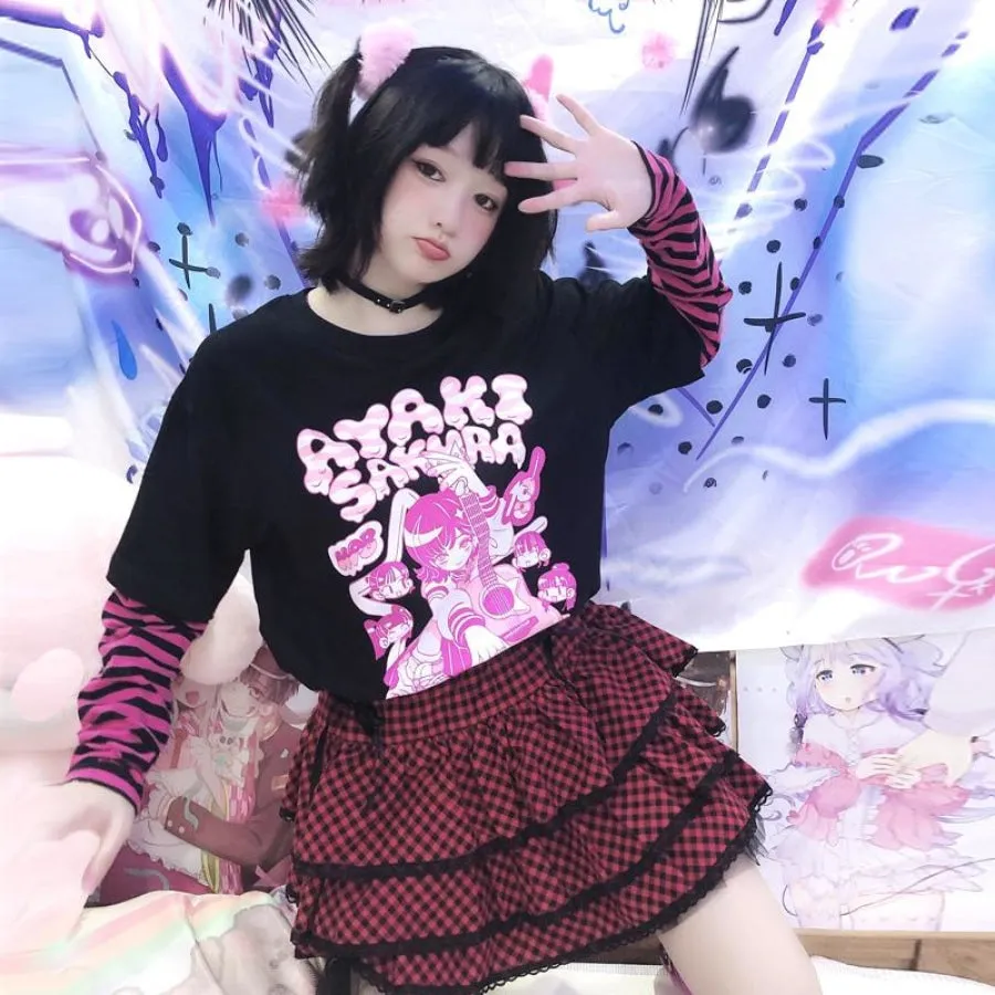 Fashion SK8ER Print Harajuku Punk Stripe Fake-two Shirt