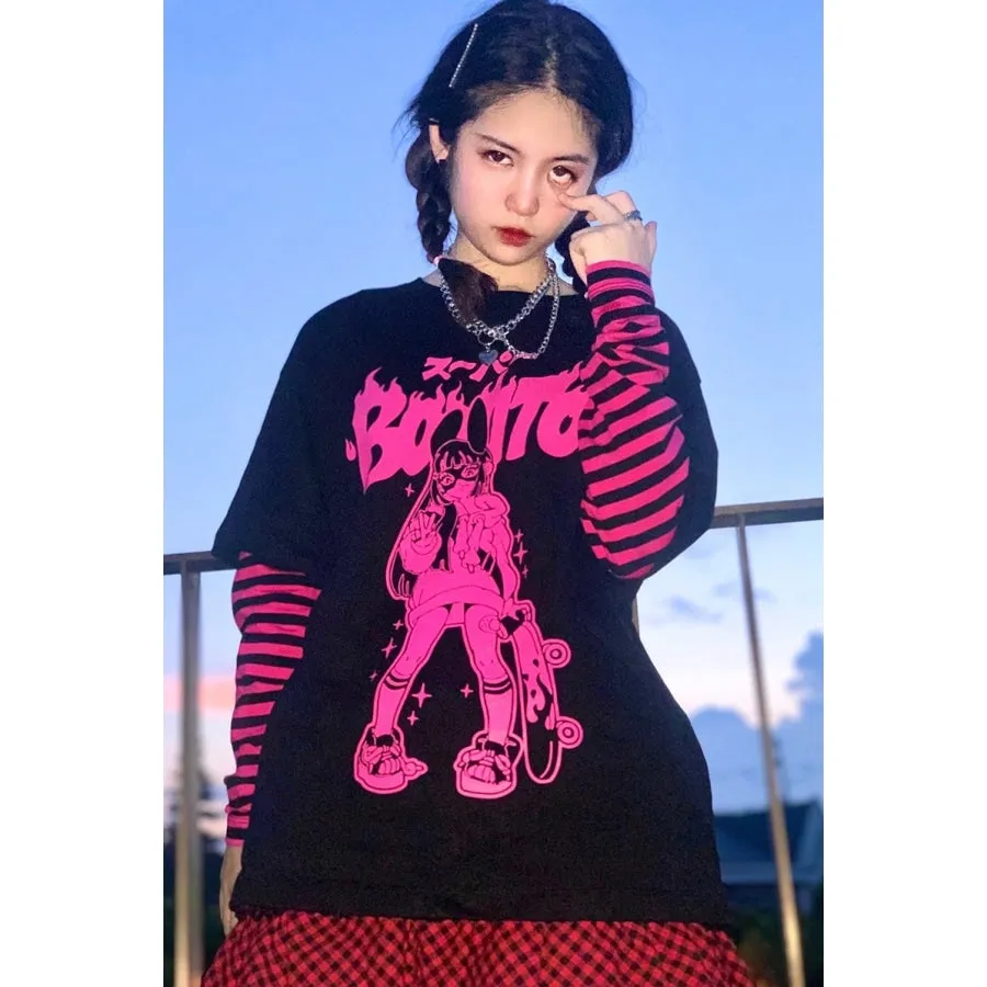 Fashion SK8ER Print Harajuku Punk Stripe Fake-two Shirt