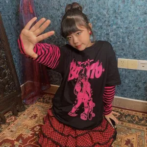 Fashion SK8ER Print Harajuku Punk Stripe Fake-two Shirt