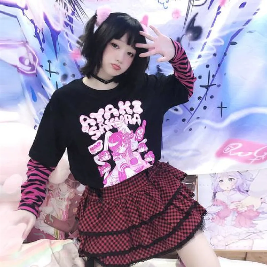 Fashion SK8ER Print Harajuku Punk Stripe Fake-two Shirt