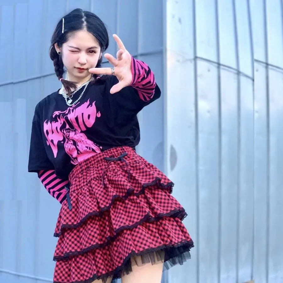 Fashion SK8ER Print Harajuku Punk Stripe Fake-two Shirt
