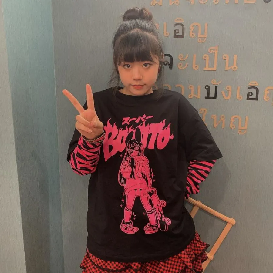 Fashion SK8ER Print Harajuku Punk Stripe Fake-two Shirt