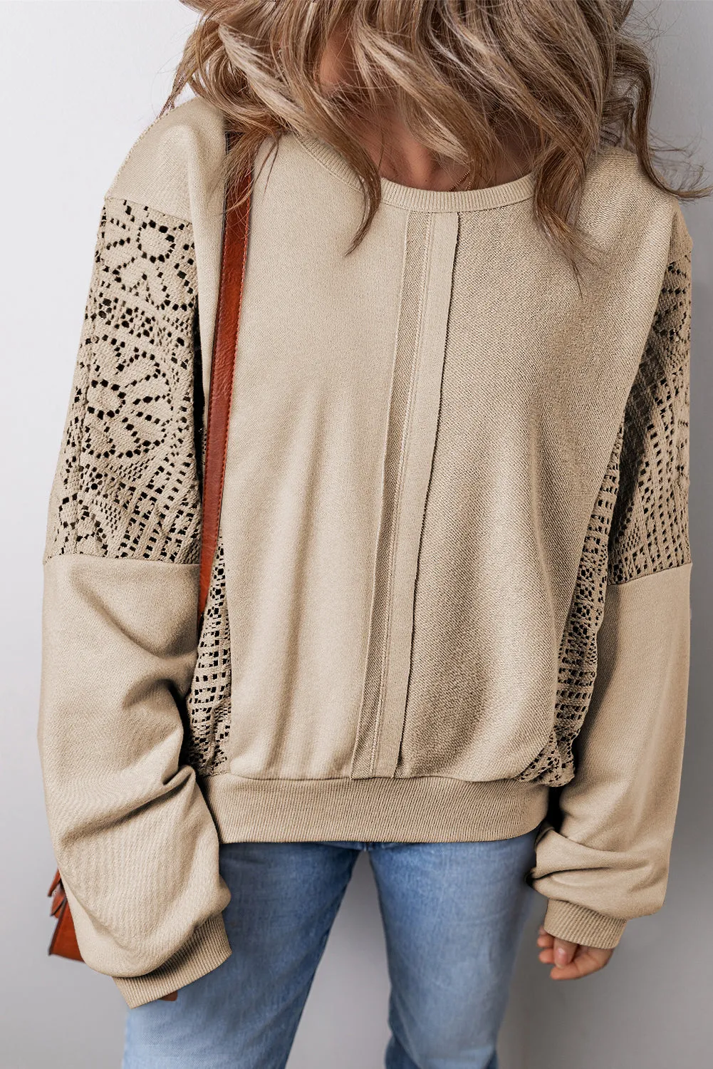 Feeling Good About Myself Parchment Knit Crochet Seam Ribbed Trim Sweatshirt Top