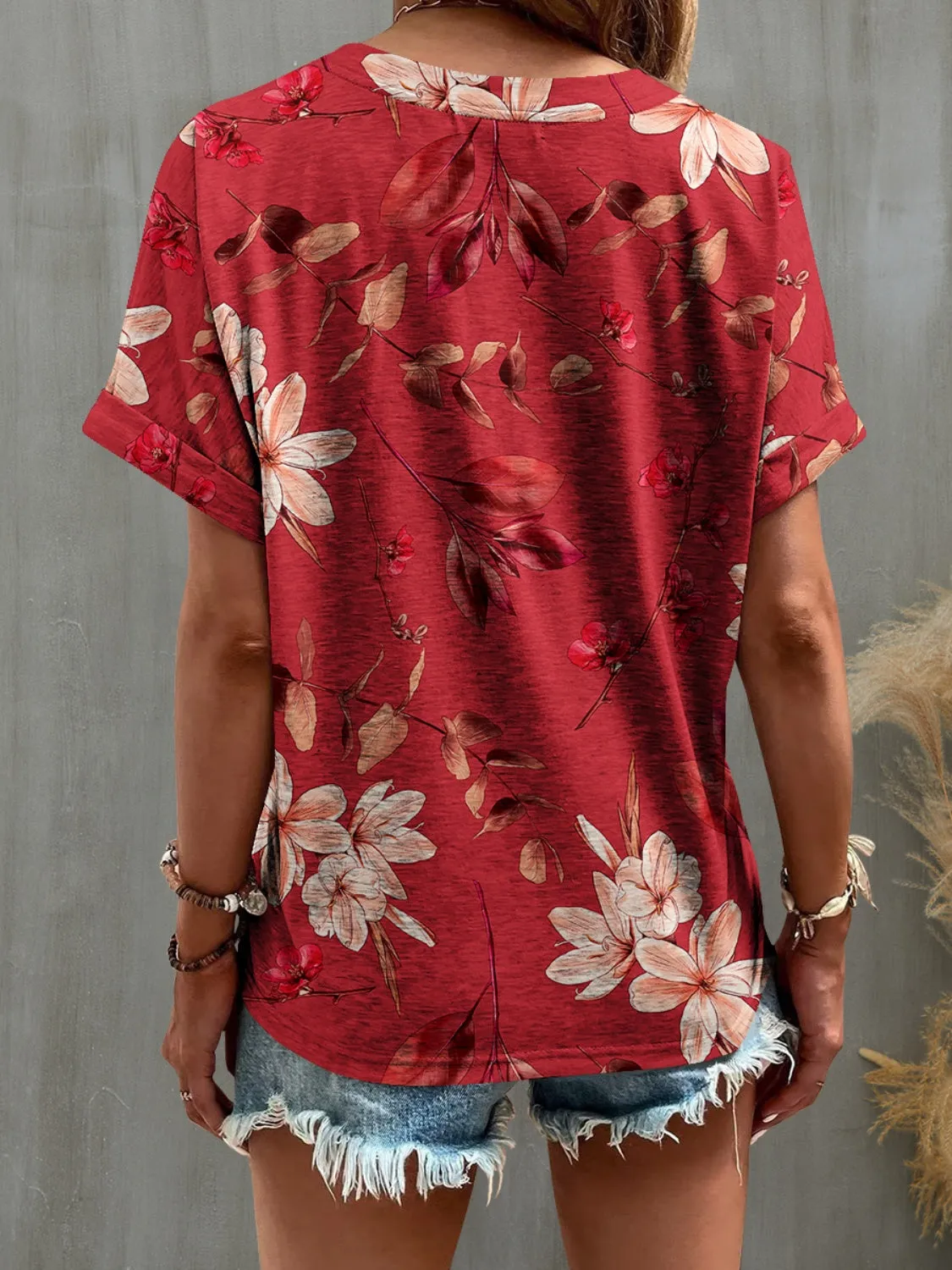Floral Printed Notched Short Sleeve Top