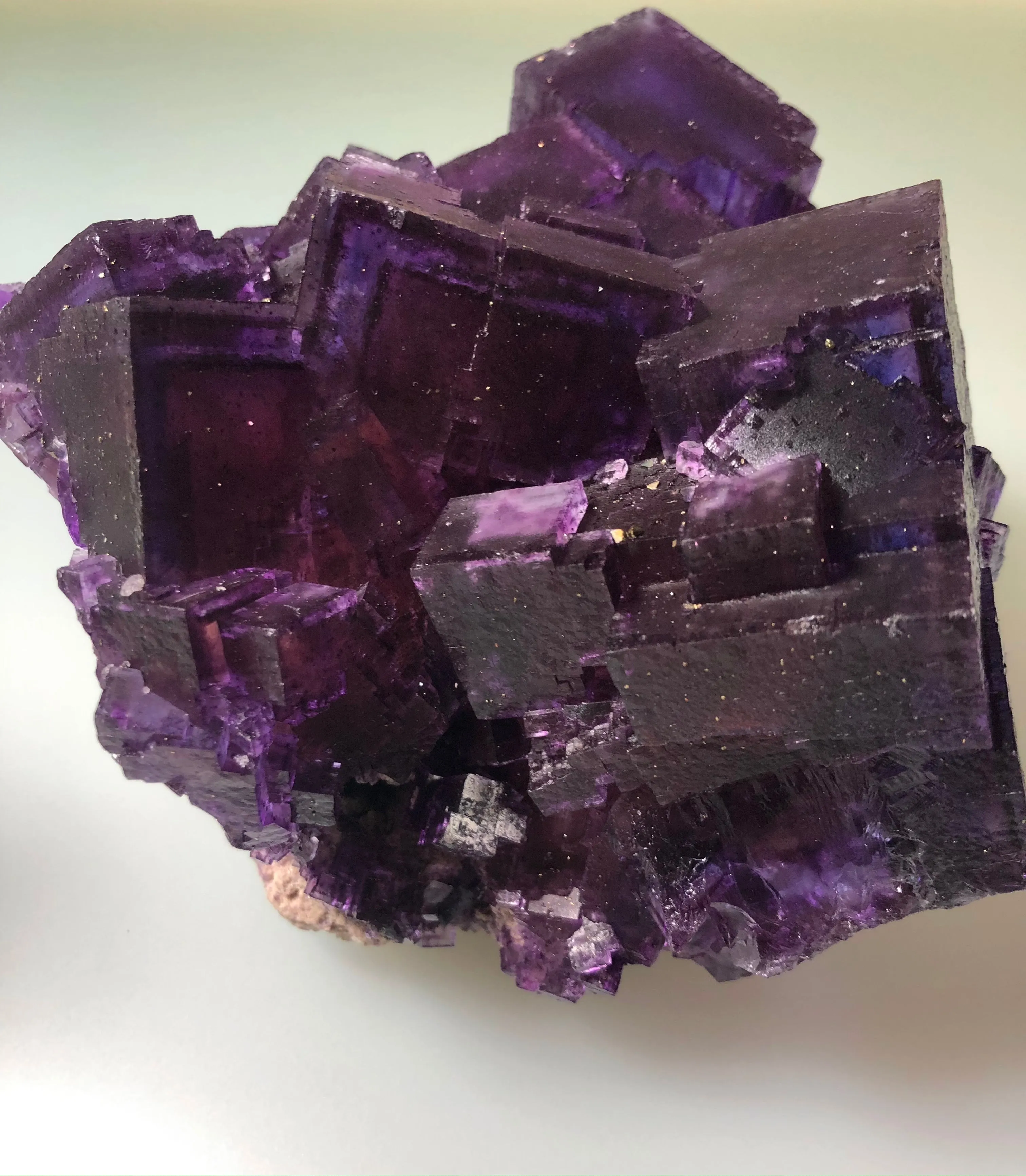Fluorite, Rosiclare Level, Denton Mine, Ozark-Mahoning Company, Harris Creek District, Southern Illinois, Dr. David London Collection L-336, Mined c. mid 1980’s;  Large Cabinet 10 x 12 x 12 cm, $2500.  Online 10/12
