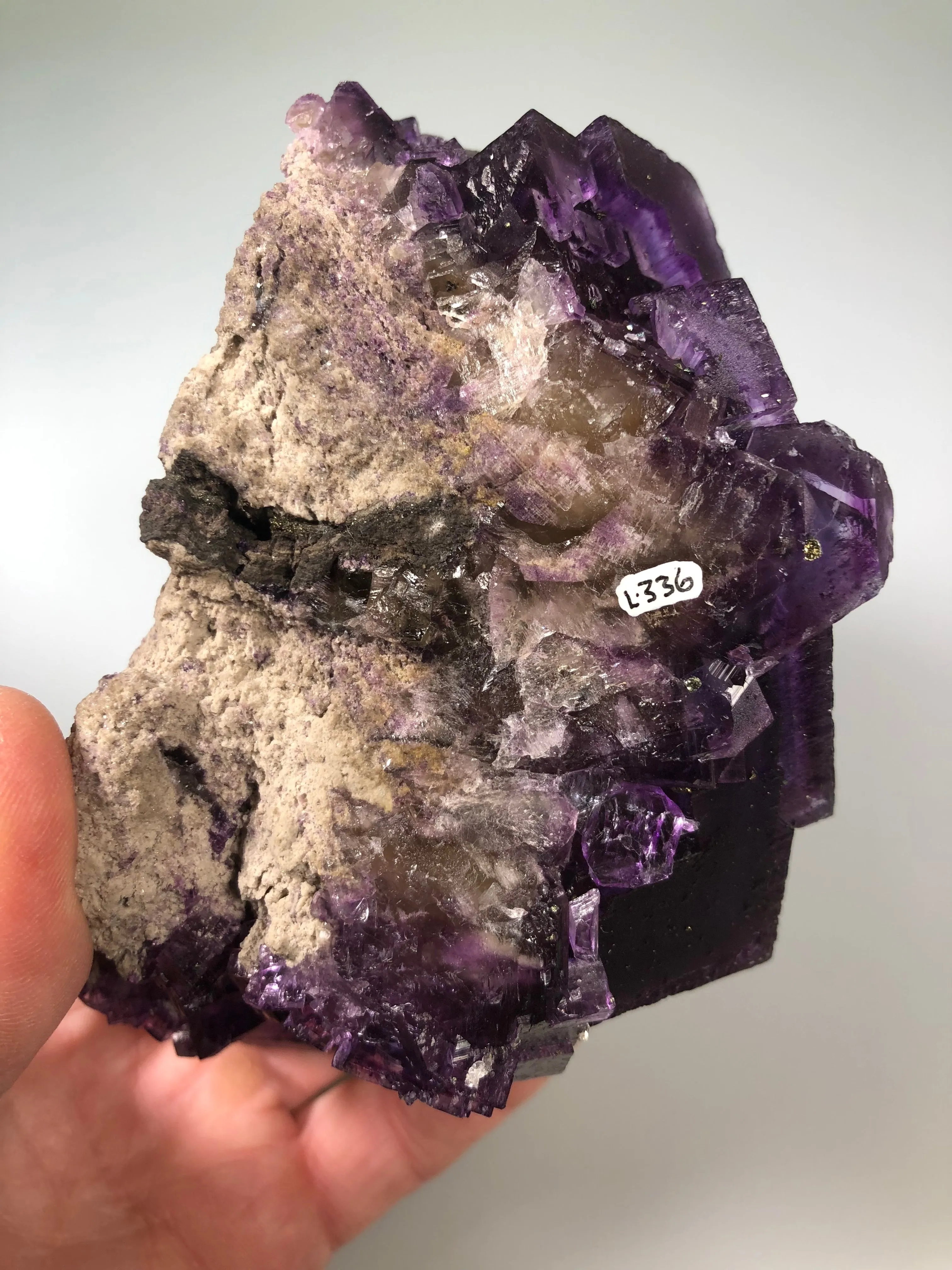 Fluorite, Rosiclare Level, Denton Mine, Ozark-Mahoning Company, Harris Creek District, Southern Illinois, Dr. David London Collection L-336, Mined c. mid 1980’s;  Large Cabinet 10 x 12 x 12 cm, $2500.  Online 10/12