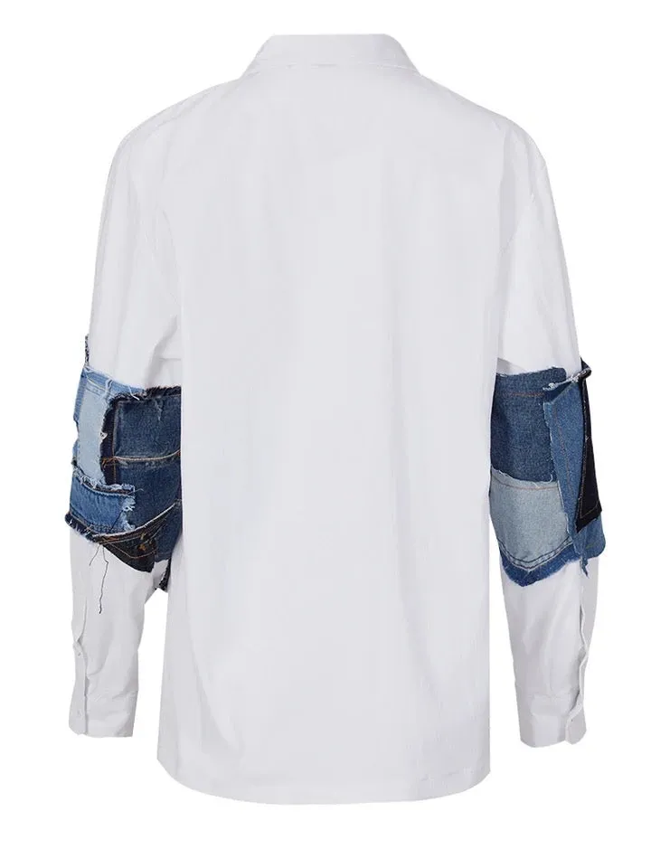 Gabbie Denim Patchwork Collared Shirt