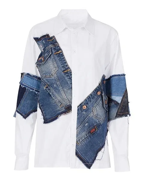 Gabbie Denim Patchwork Collared Shirt