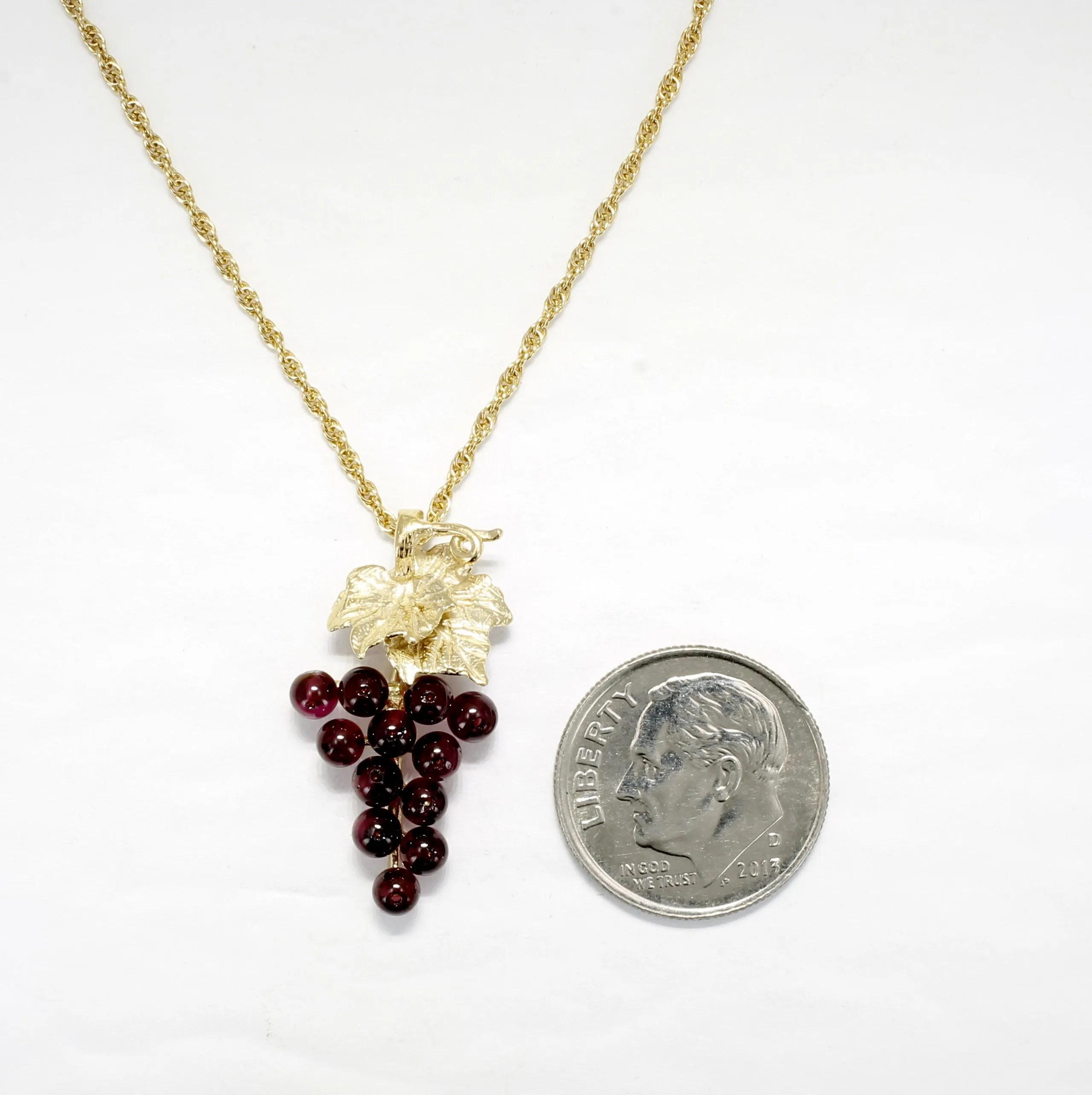 Garnet Grape Cluster Necklace with Two Small Grape Leaves in 14kt. Gold Vermeil