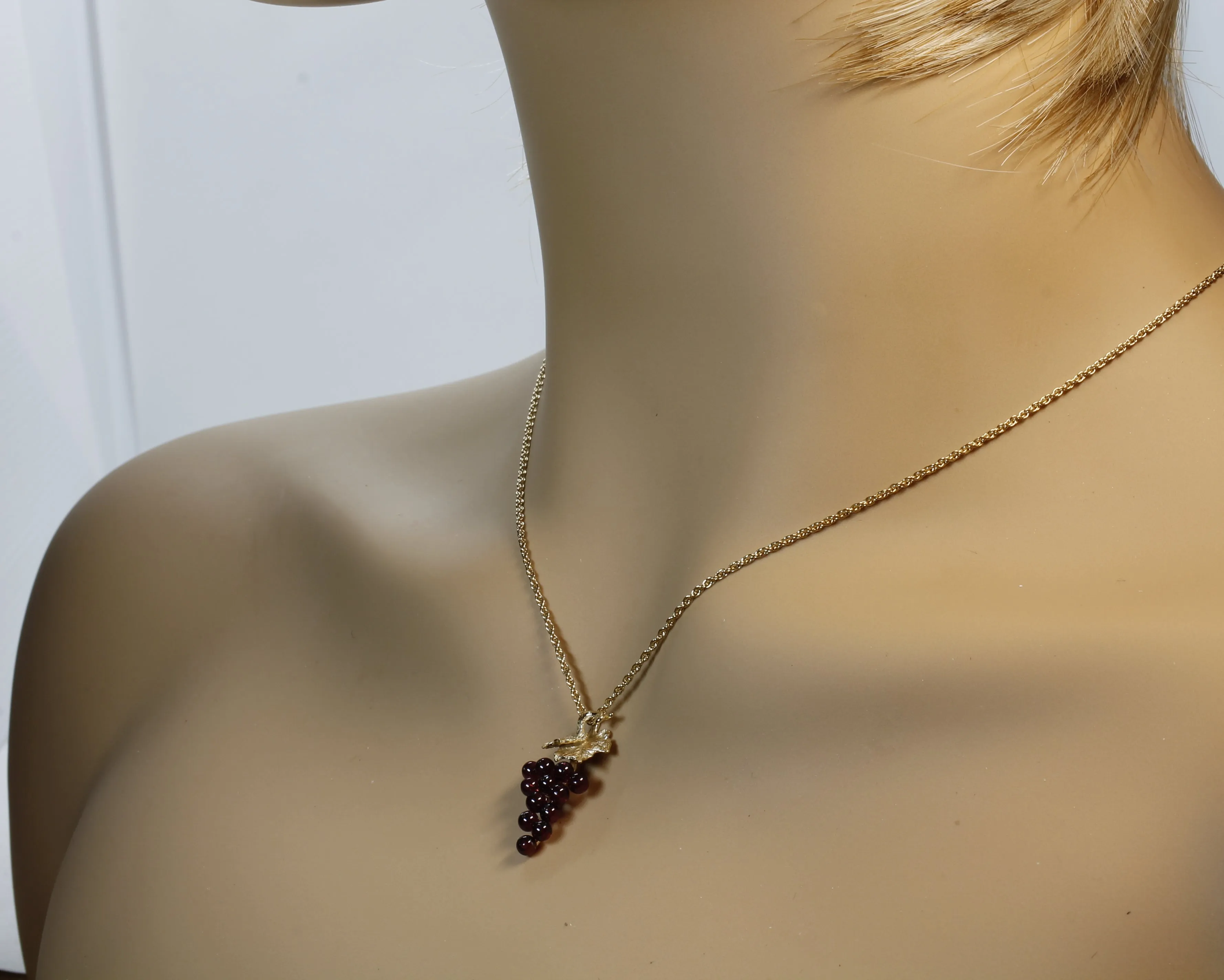 Garnet Grape Cluster Necklace with Two Small Grape Leaves in 14kt. Gold Vermeil