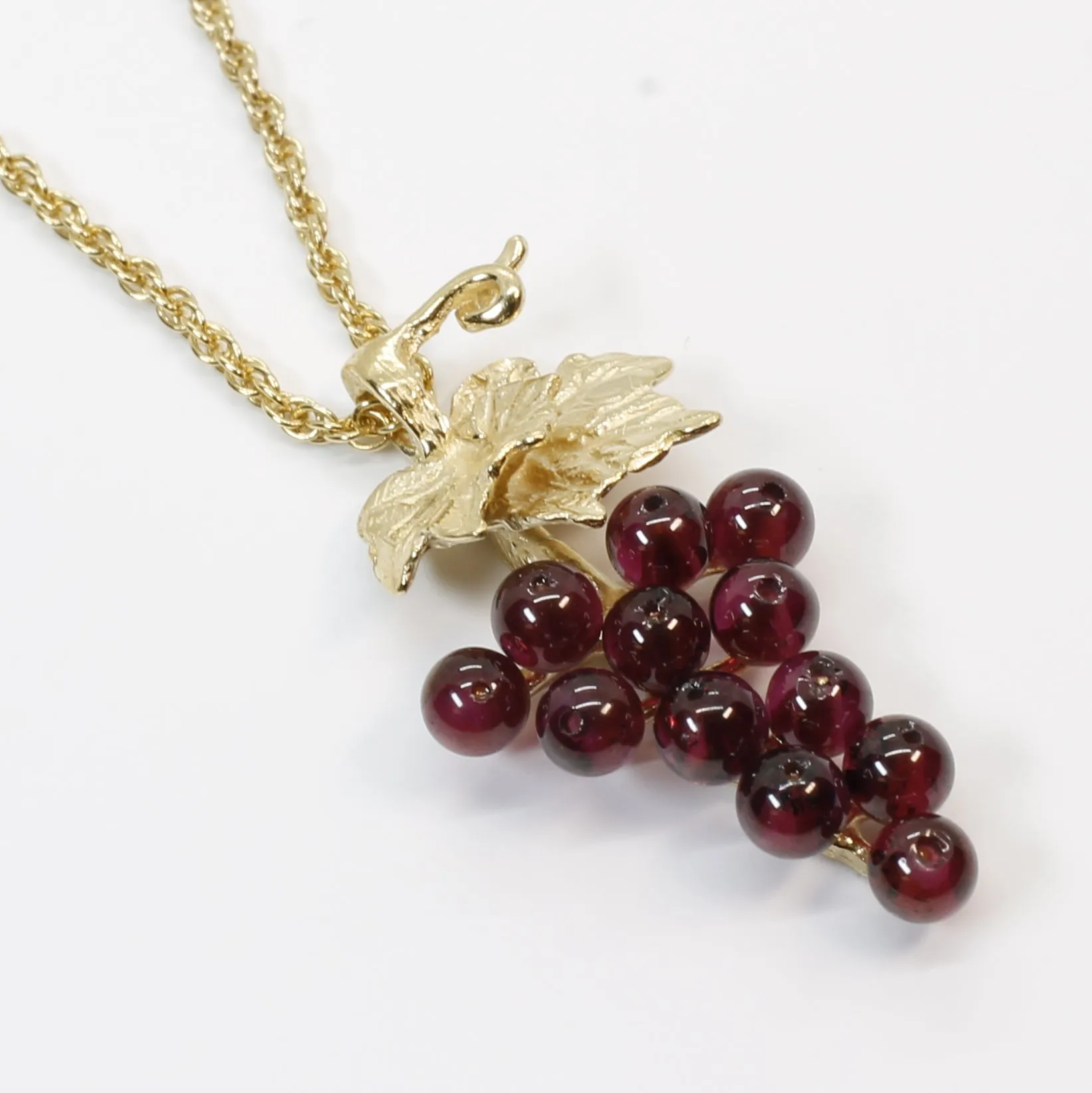 Garnet Grape Cluster Necklace with Two Small Grape Leaves in 14kt. Gold Vermeil