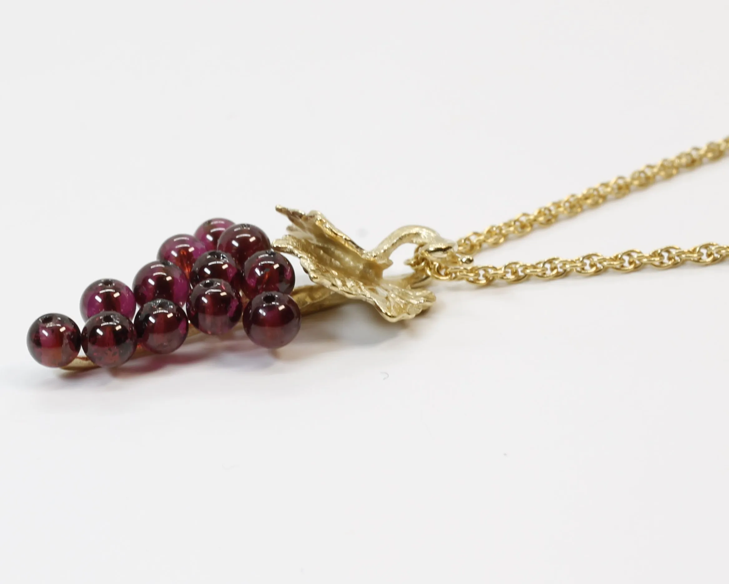 Garnet Grape Cluster Necklace with Two Small Grape Leaves in 14kt. Gold Vermeil