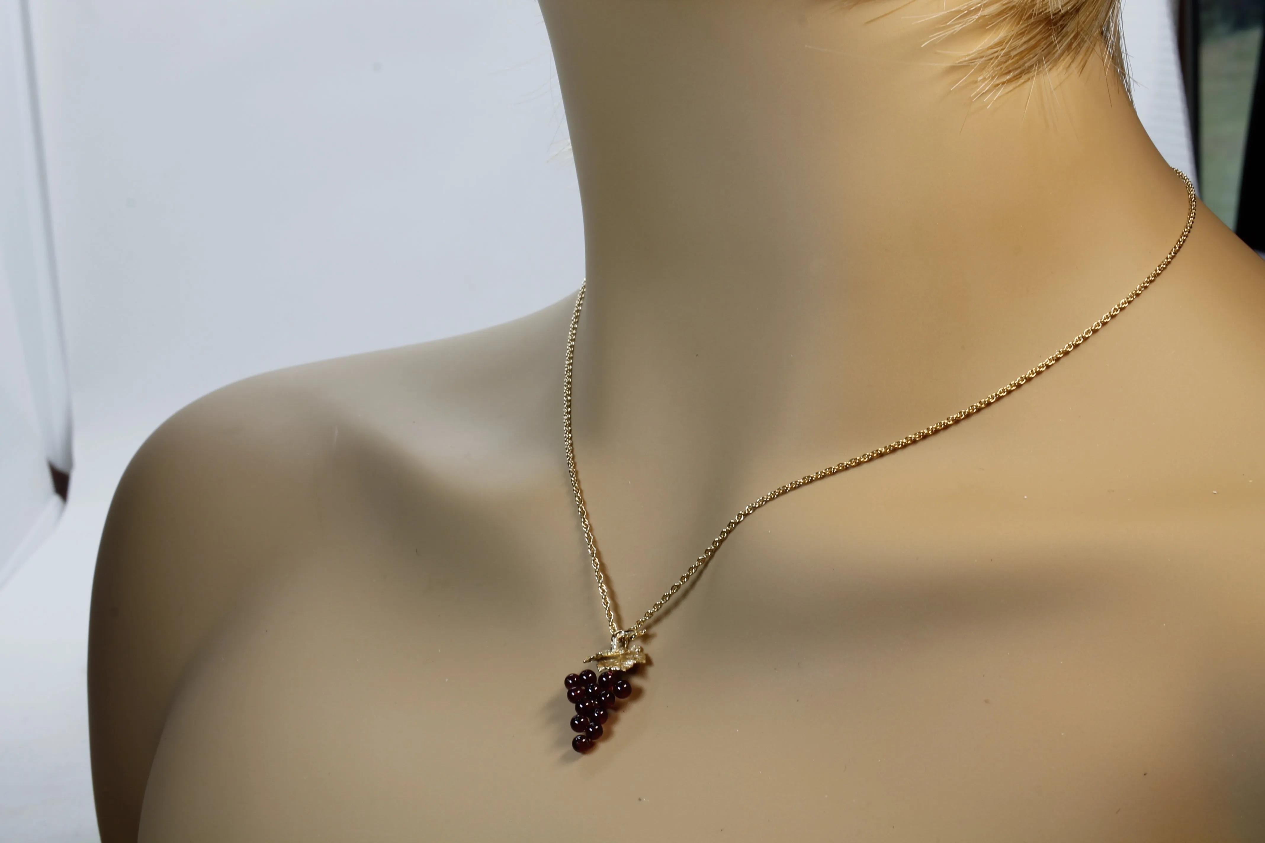 Garnet Grape Cluster Necklace with Two Small Grape Leaves in 14kt. Gold Vermeil