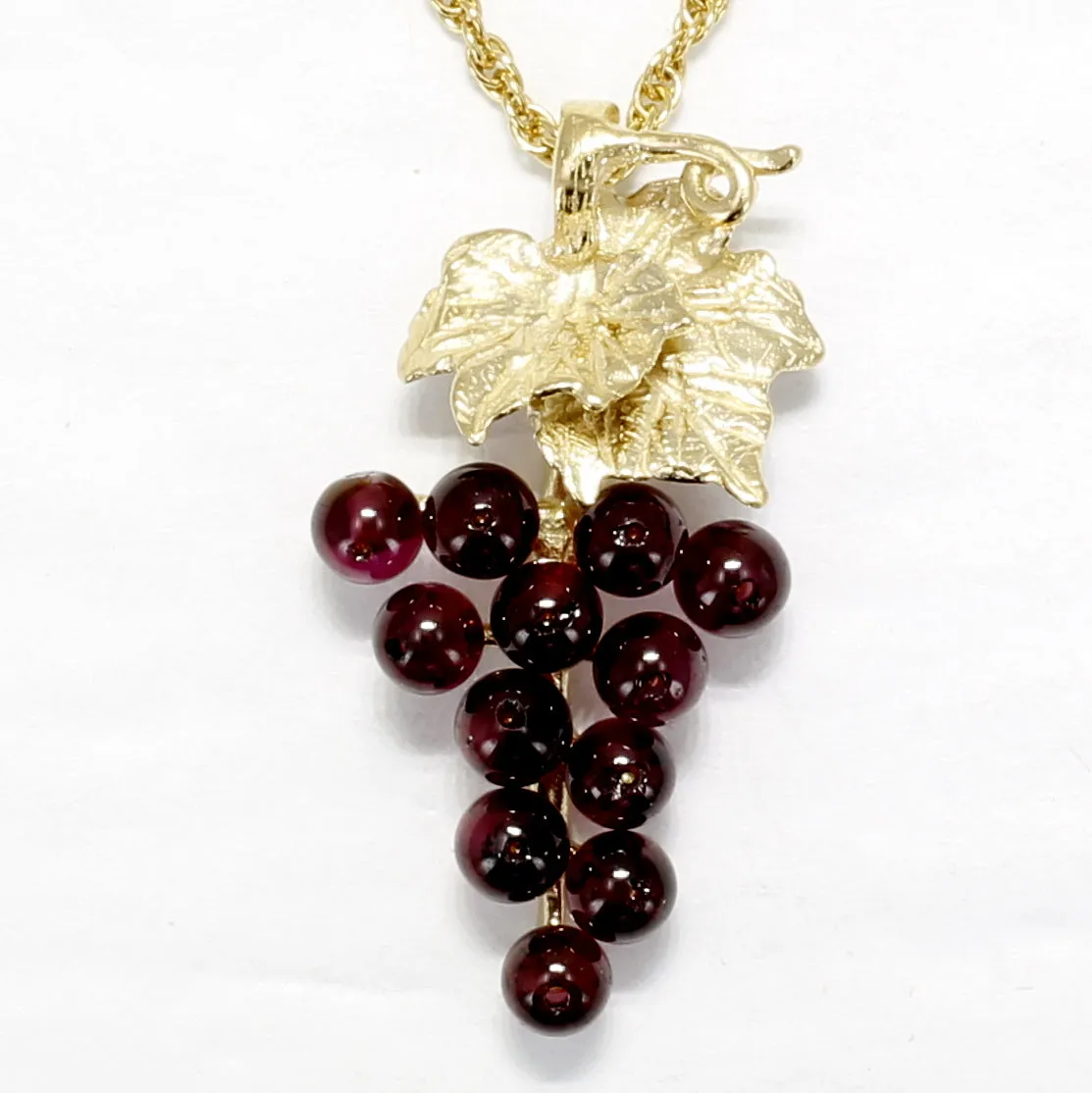 Garnet Grape Cluster Necklace with Two Small Grape Leaves in 14kt. Gold Vermeil