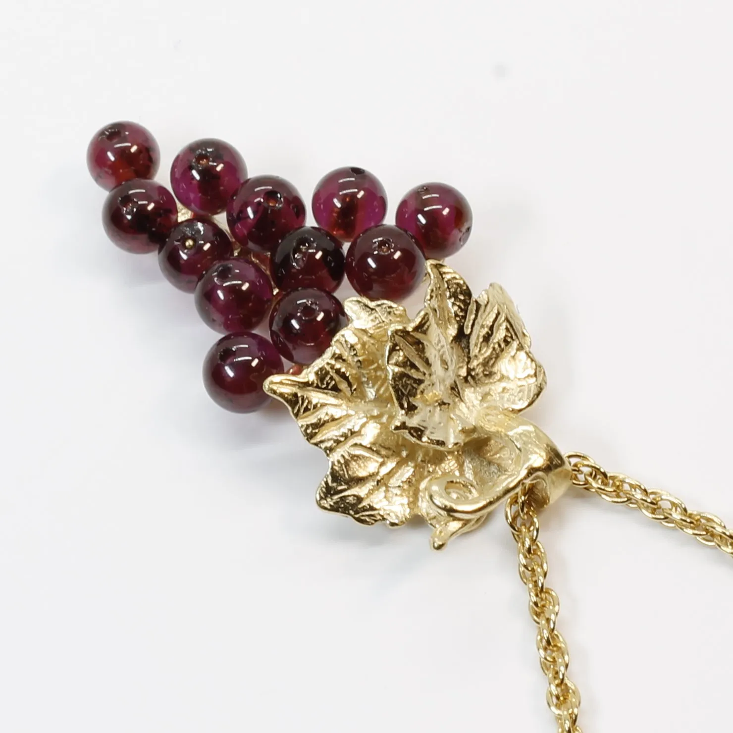 Garnet Grape Cluster Necklace with Two Small Grape Leaves in 14kt. Gold Vermeil