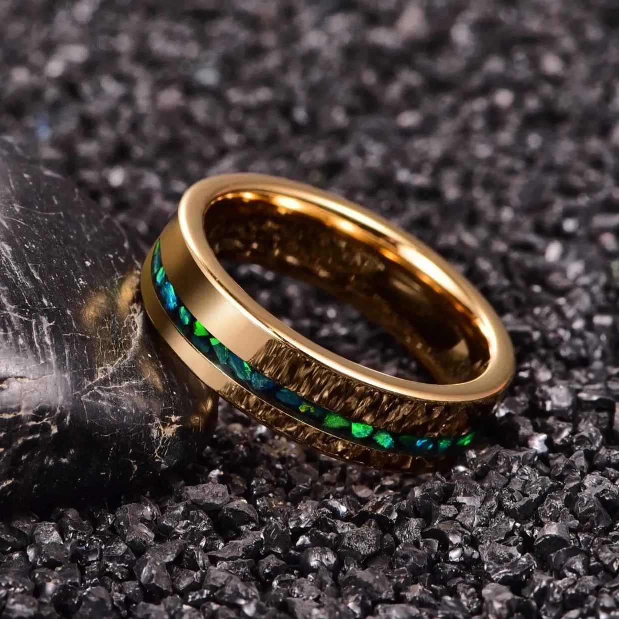 Gold Polished Green Opal Inlay Tungsten Unisex Wedding Band