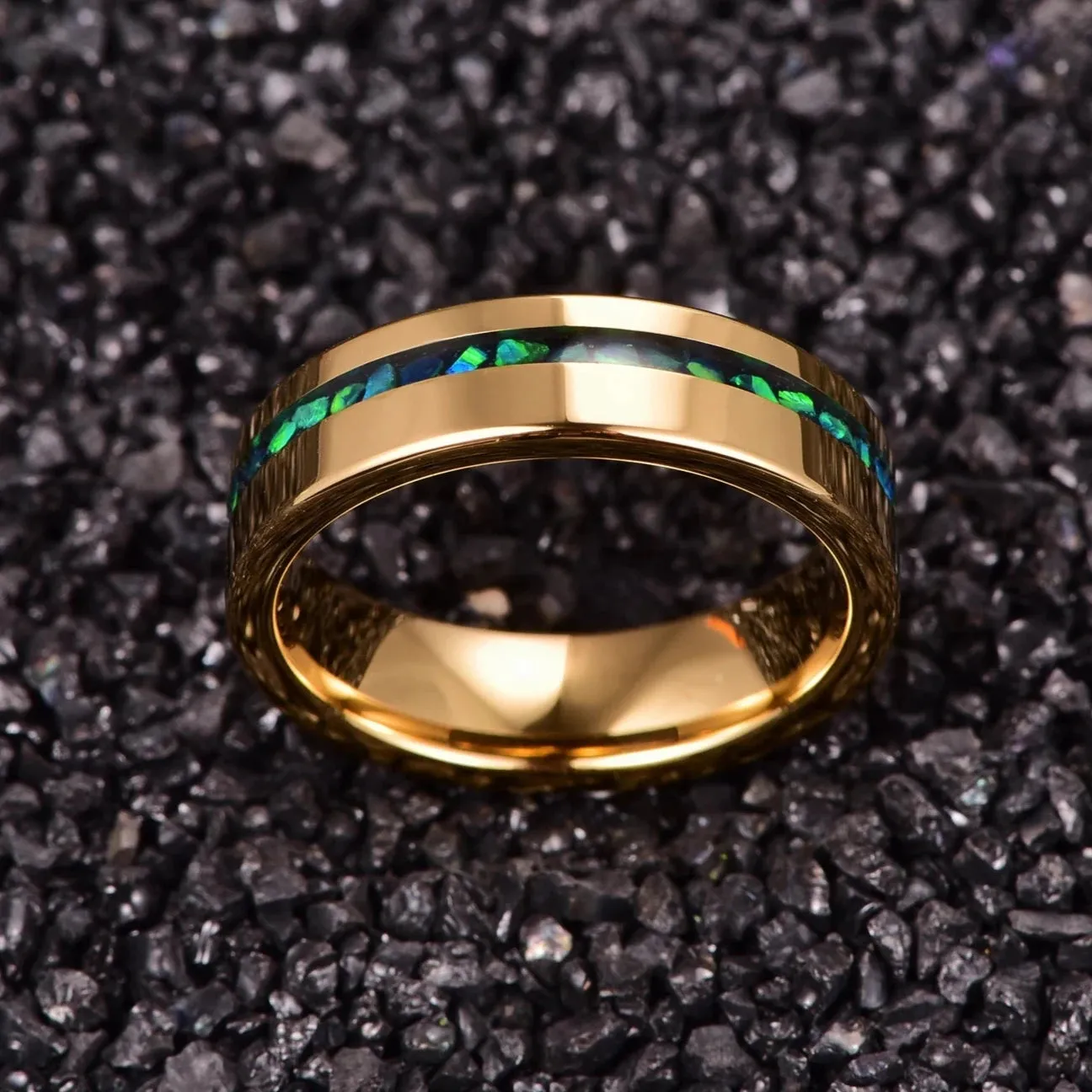 Gold Polished Green Opal Inlay Tungsten Unisex Wedding Band