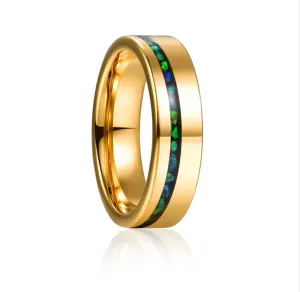 Gold Polished Green Opal Inlay Tungsten Unisex Wedding Band