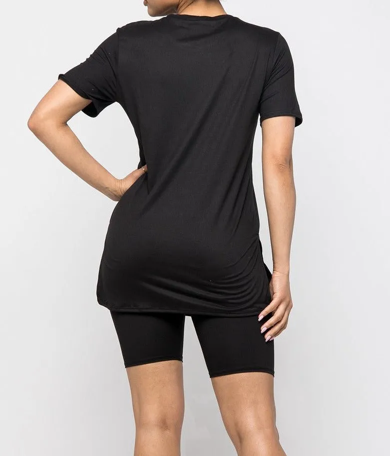 Graphic printed oversized top with short sets