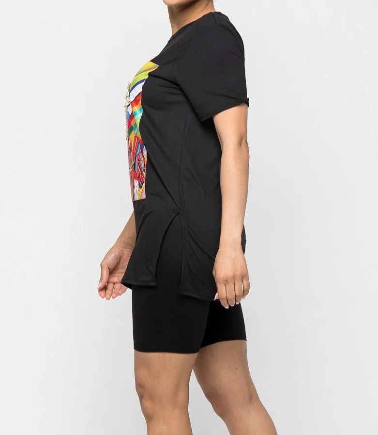 Graphic printed oversized top with short sets
