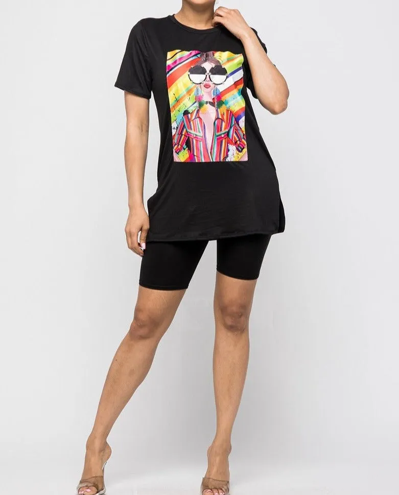 Graphic printed oversized top with short sets