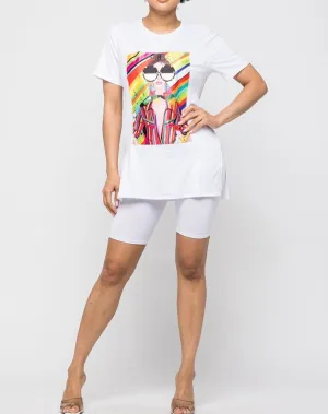 Graphic printed oversized top with short sets