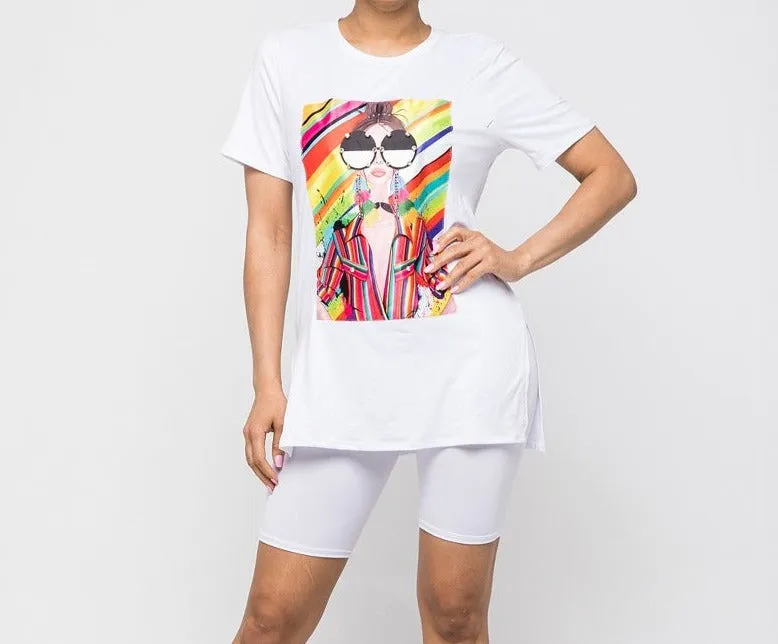 Graphic printed oversized top with short sets