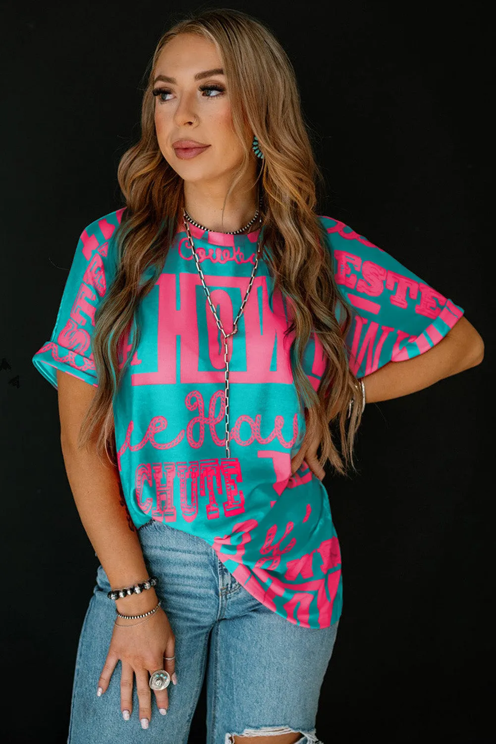 Green Howdy Cowboy Letter Printed Western Fashion Tee