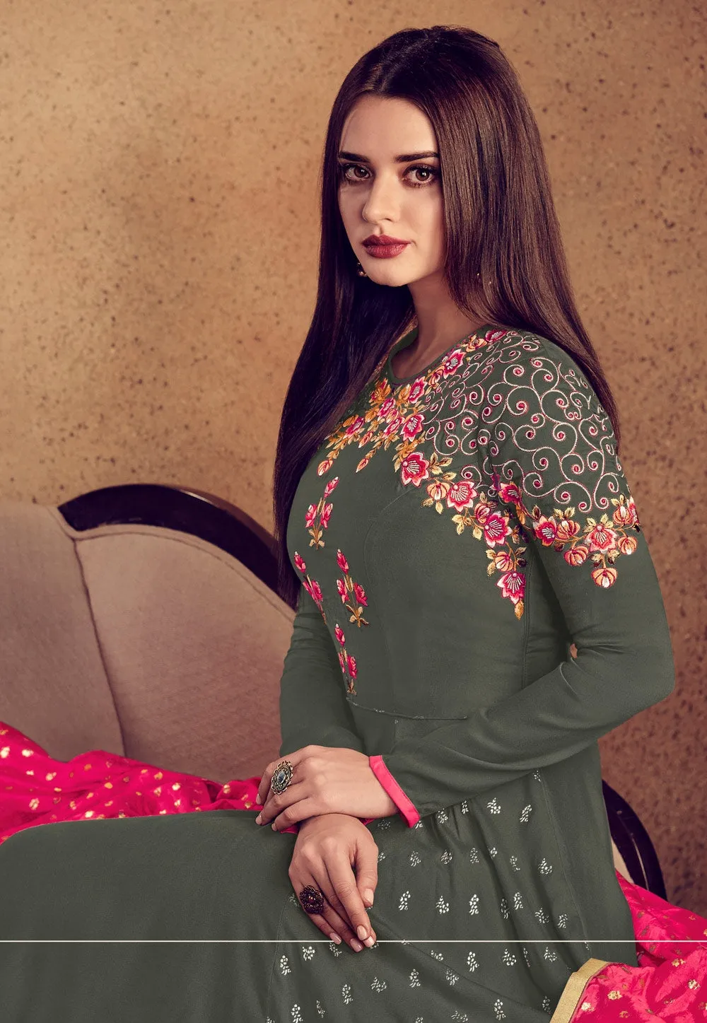 Grey And Pink Embellished Anarkali Suit