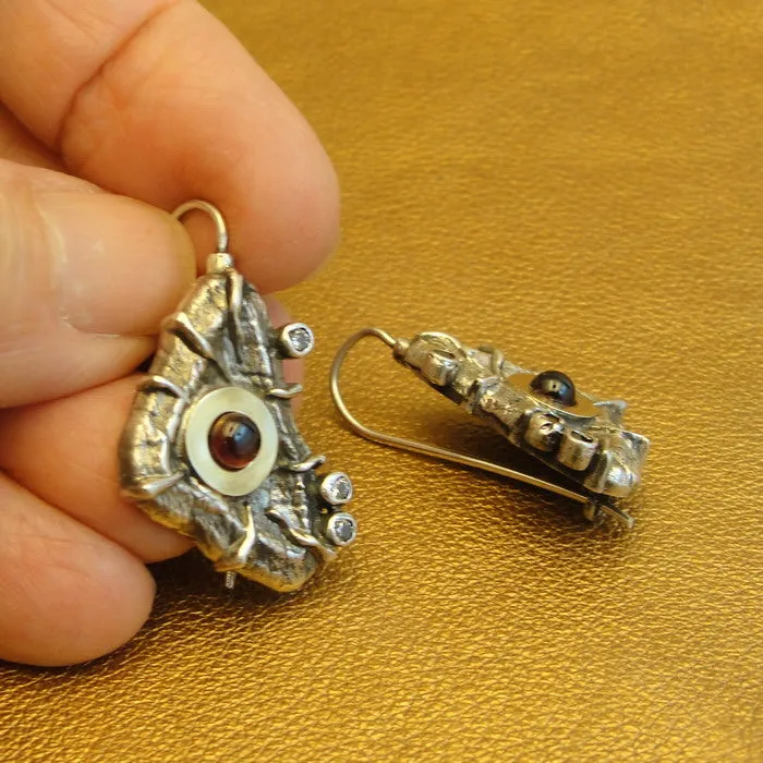 Hadar Designers Art Garnet Zircon Earrings 9k Yellow Gold 925 Silver () LAST