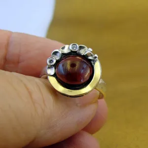Hadar Designers Garnet Ring 9k Yellow Gold Sterling Silver sz 5,6,7,8,9 (MS)