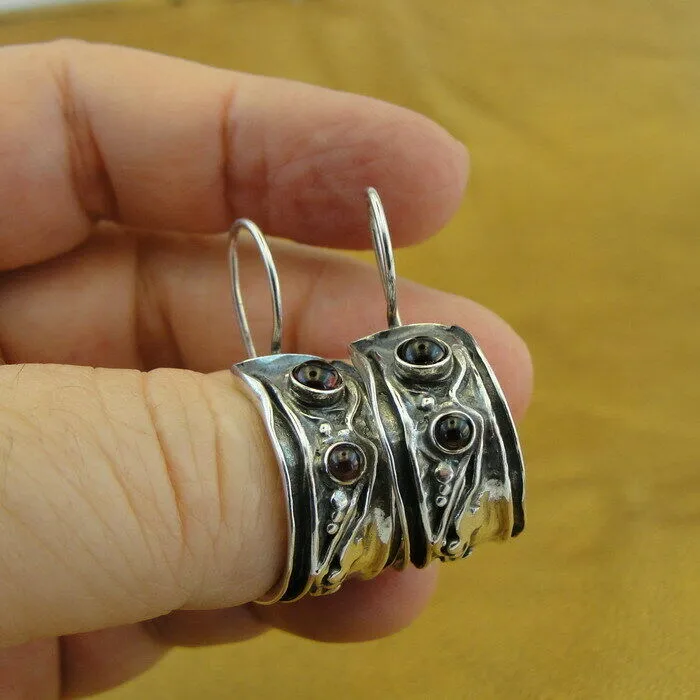 Hadar Designers Red Garnet Hoop Earrings 925 Sterling Silver Handmade () LAST