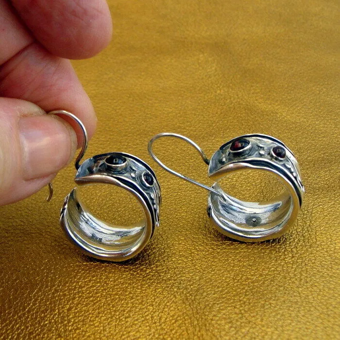 Hadar Designers Red Garnet Hoop Earrings 925 Sterling Silver Handmade () LAST