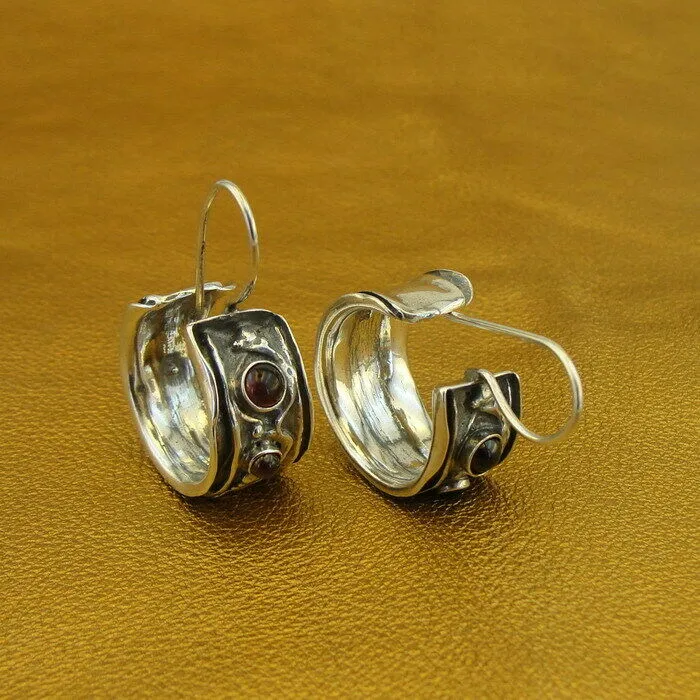 Hadar Designers Red Garnet Hoop Earrings 925 Sterling Silver Handmade () LAST