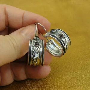 Hadar Designers Red Garnet Hoop Earrings 925 Sterling Silver Handmade () LAST