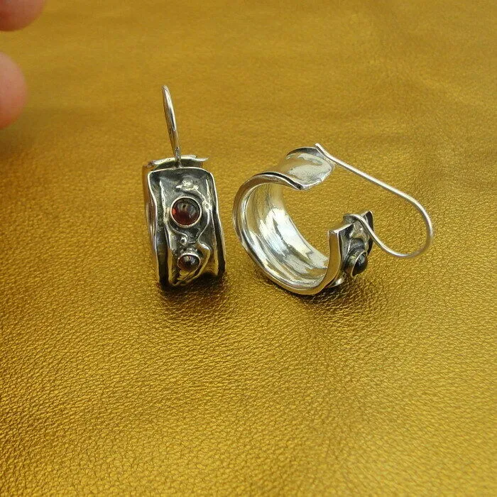 Hadar Designers Red Garnet Hoop Earrings 925 Sterling Silver Handmade () LAST