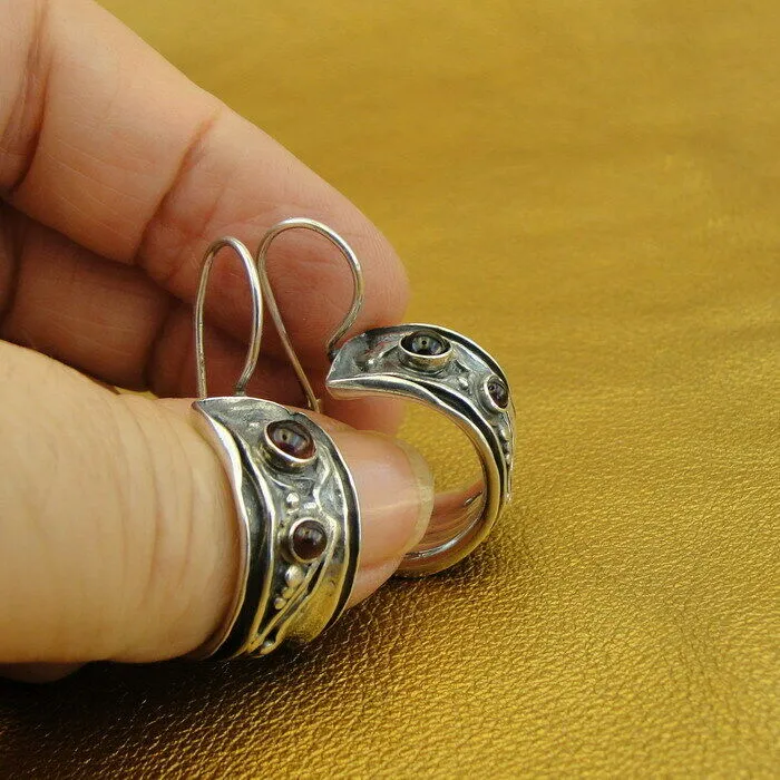 Hadar Designers Red Garnet Hoop Earrings 925 Sterling Silver Handmade () LAST