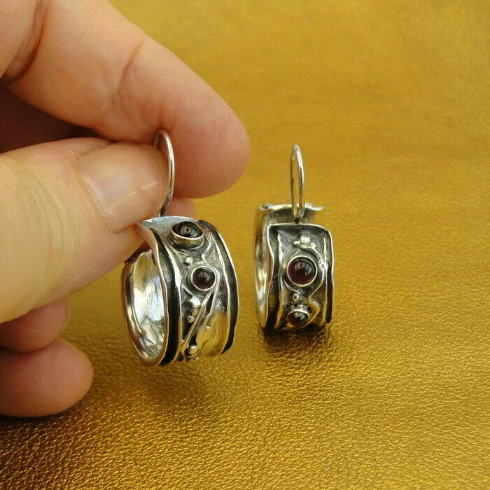 Hadar Designers Red Garnet Hoop Earrings 925 Sterling Silver Handmade () LAST