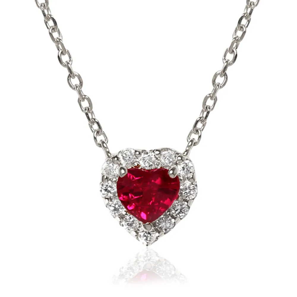 Heart Shape Garnet Pendant Necklace with Diamond Halo