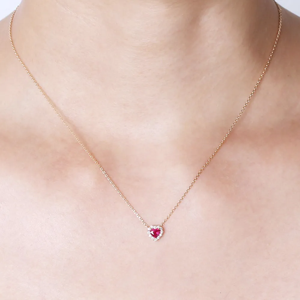 Heart Shape Garnet Pendant Necklace with Diamond Halo
