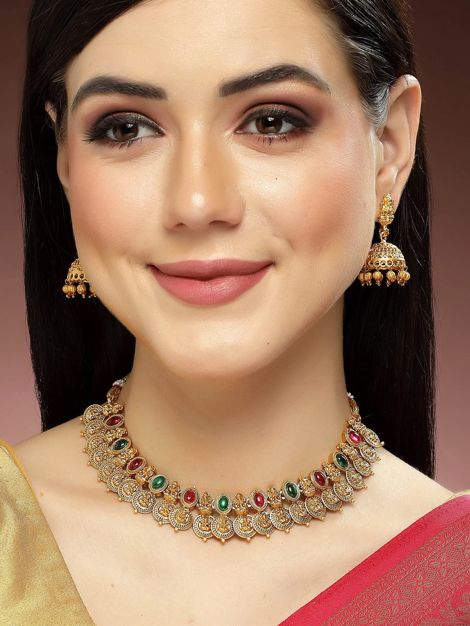 Karatcart Gold Plated Red & Green Stones Classic Laxmi Mata Temple Jewellery Set for Women