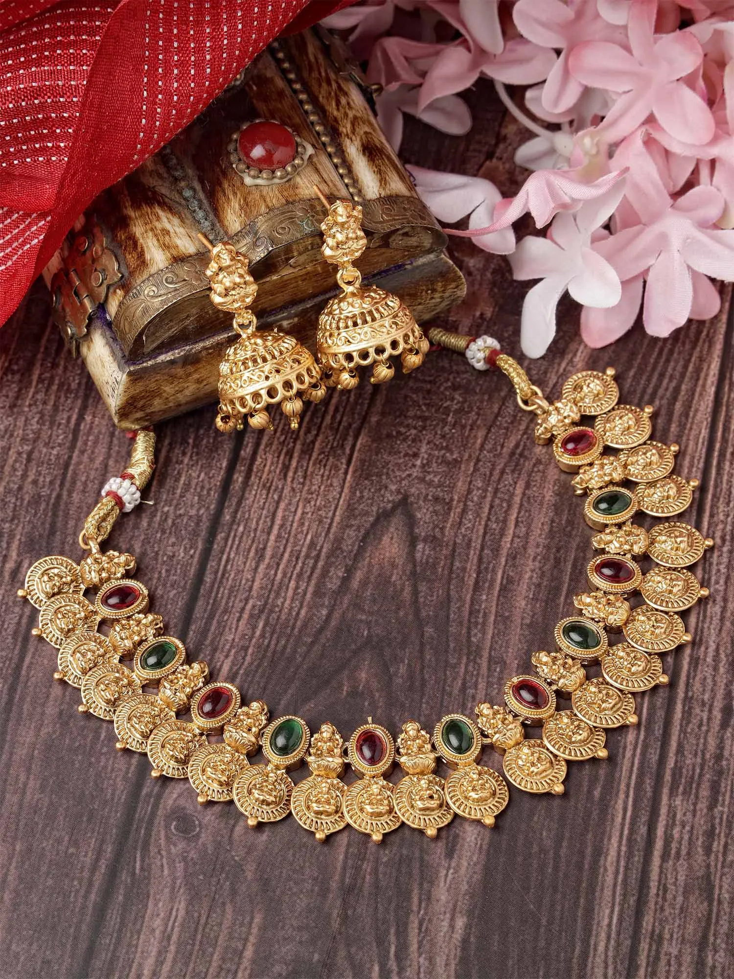 Karatcart Gold Plated Red & Green Stones Classic Laxmi Mata Temple Jewellery Set for Women