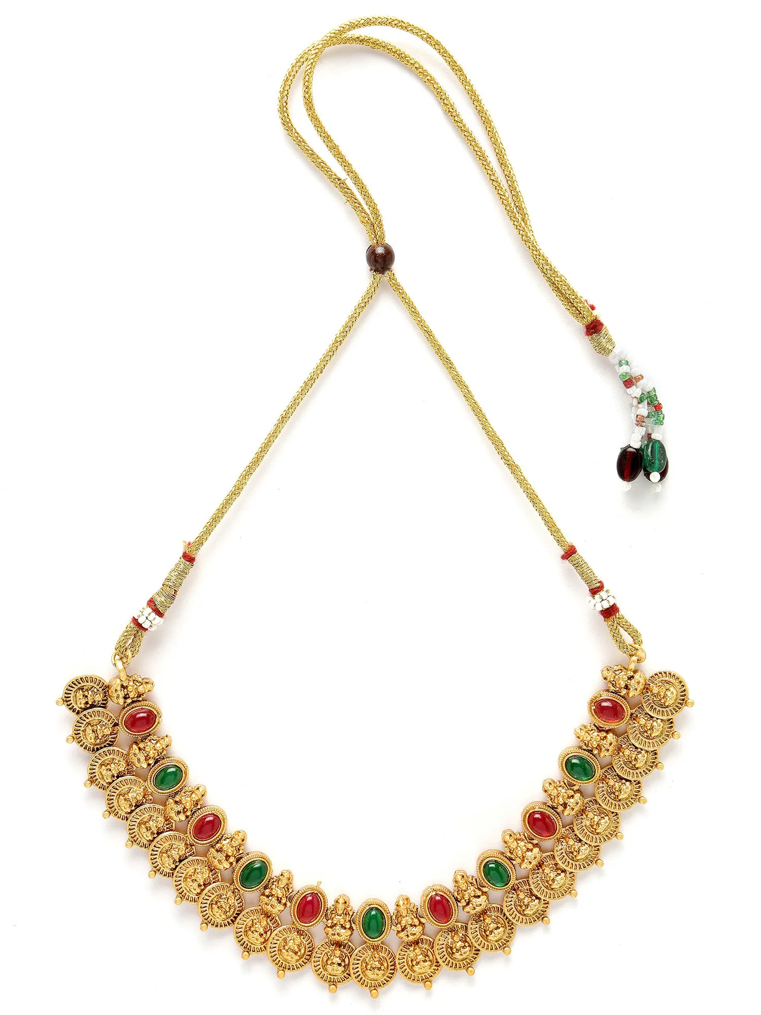 Karatcart Gold Plated Red & Green Stones Classic Laxmi Mata Temple Jewellery Set for Women