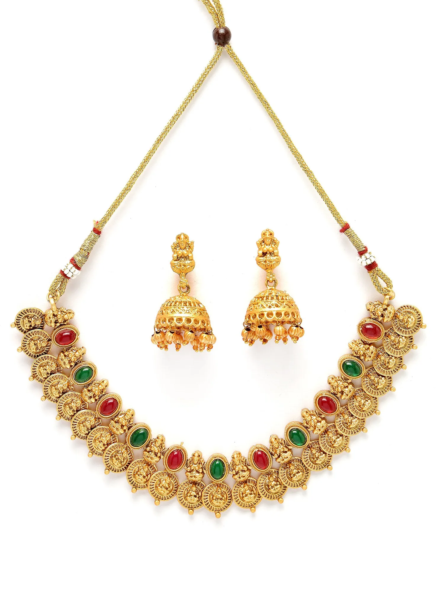 Karatcart Gold Plated Red & Green Stones Classic Laxmi Mata Temple Jewellery Set for Women