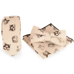 Kitten Printed Necktie Handkerchief Bowtie Set - Shallow Flaxen