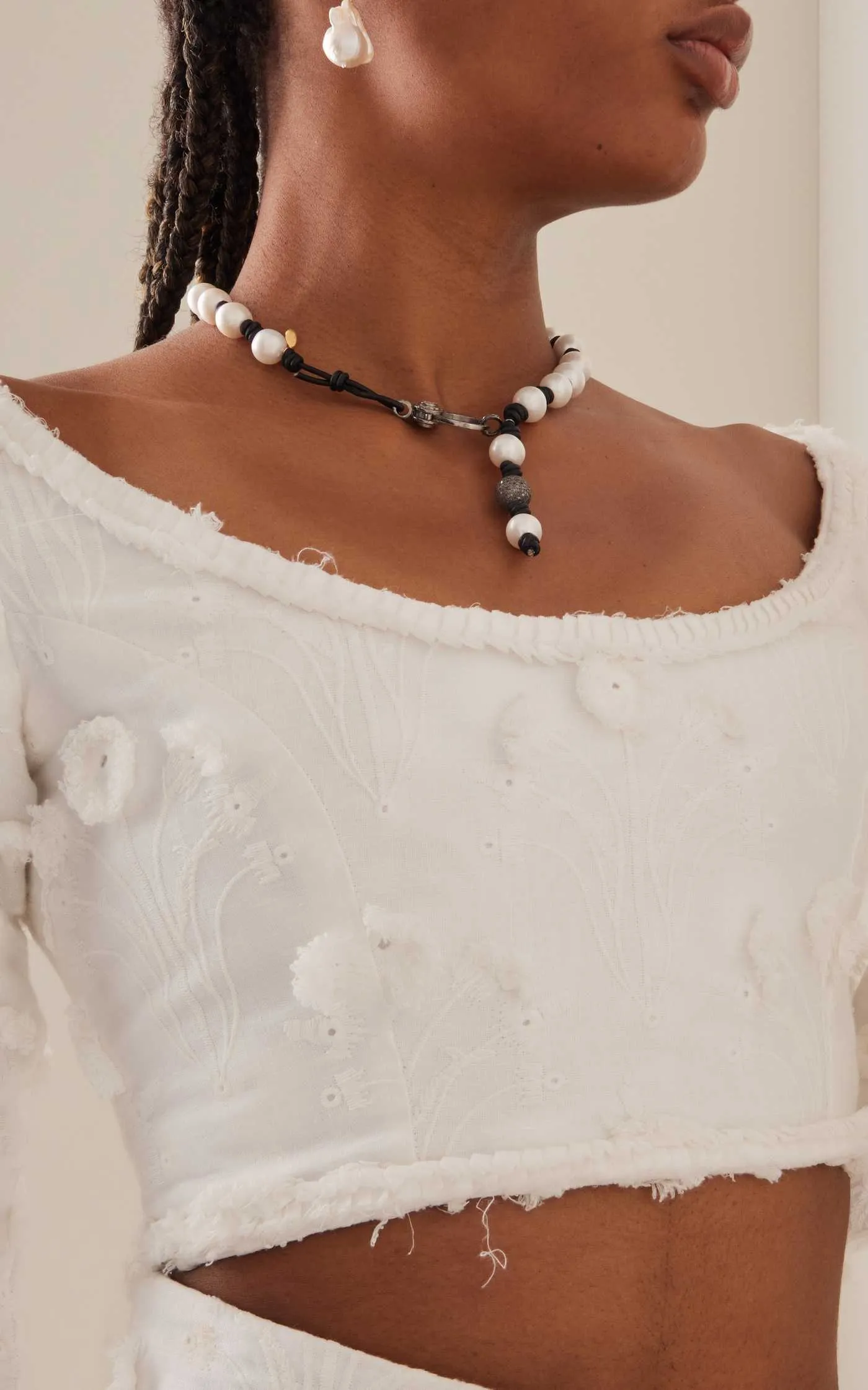 Knotted Leather and Pearl Necklace With Diamond Clasp and Drop